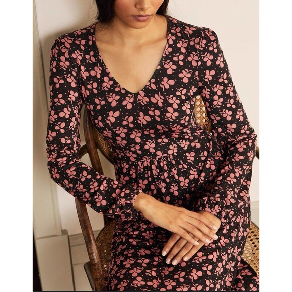 Boden‎ Dress Medium Black Pink Floral Long Sleeve Preppy Classic V Neck Stretch - Picture 1 of 7